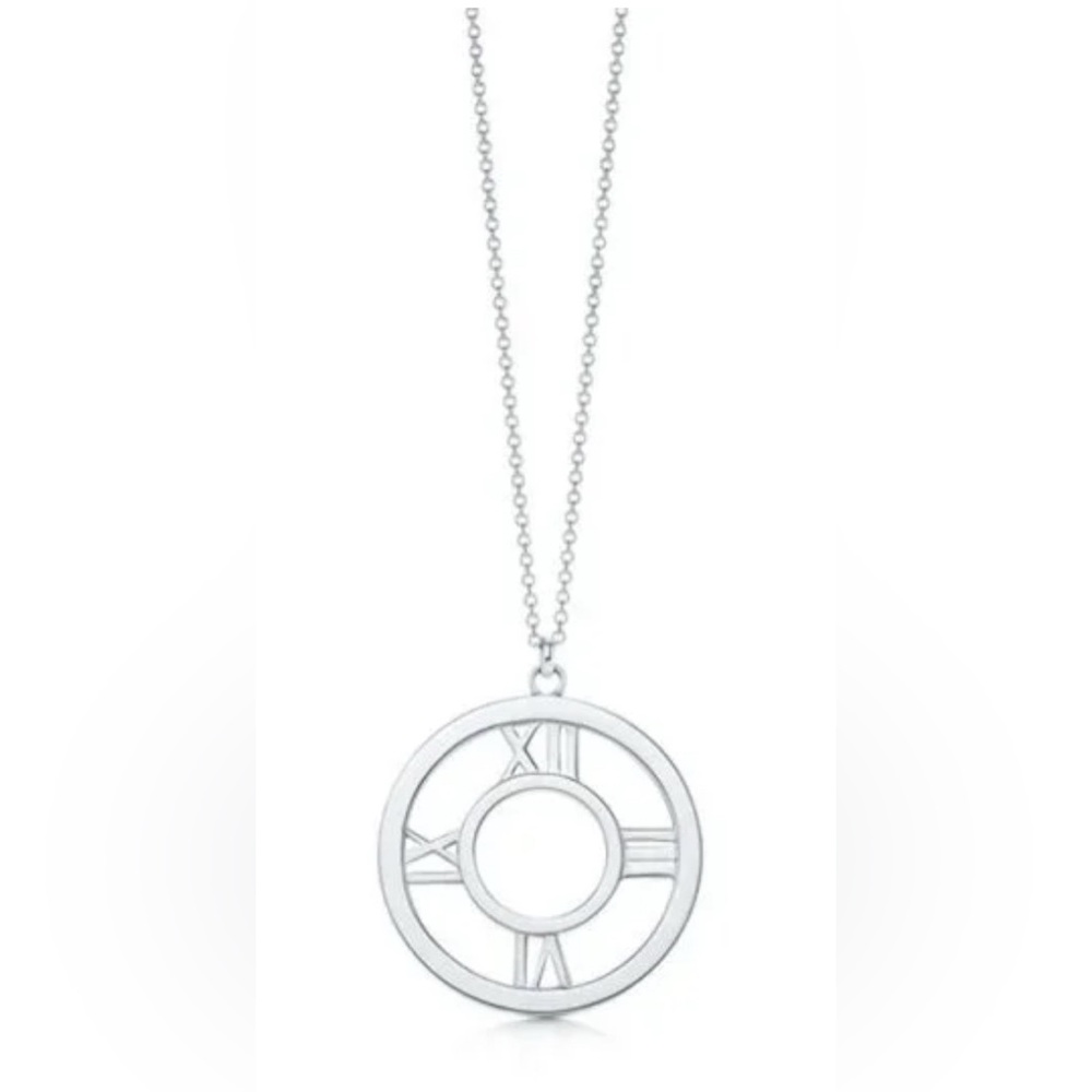 [Tiffany & Co.] Atlas Opan Medallion Clock Roman Numeral Chain Necklace Silver - Picture 7 of 16
